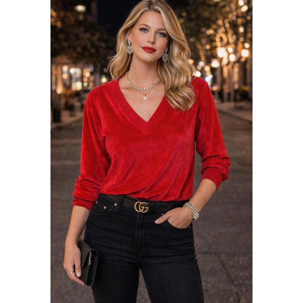Vintage Red Velour‎ V-Neck Sweater Long Sleeve Ribbed Trim Retro Pullover Small